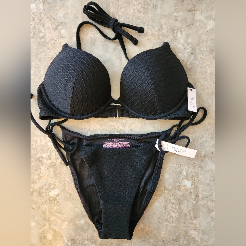 34B/XS/S VS Swim Bombshell PushUp Bikini Top Side Tie Cheeky Bikini Set Black